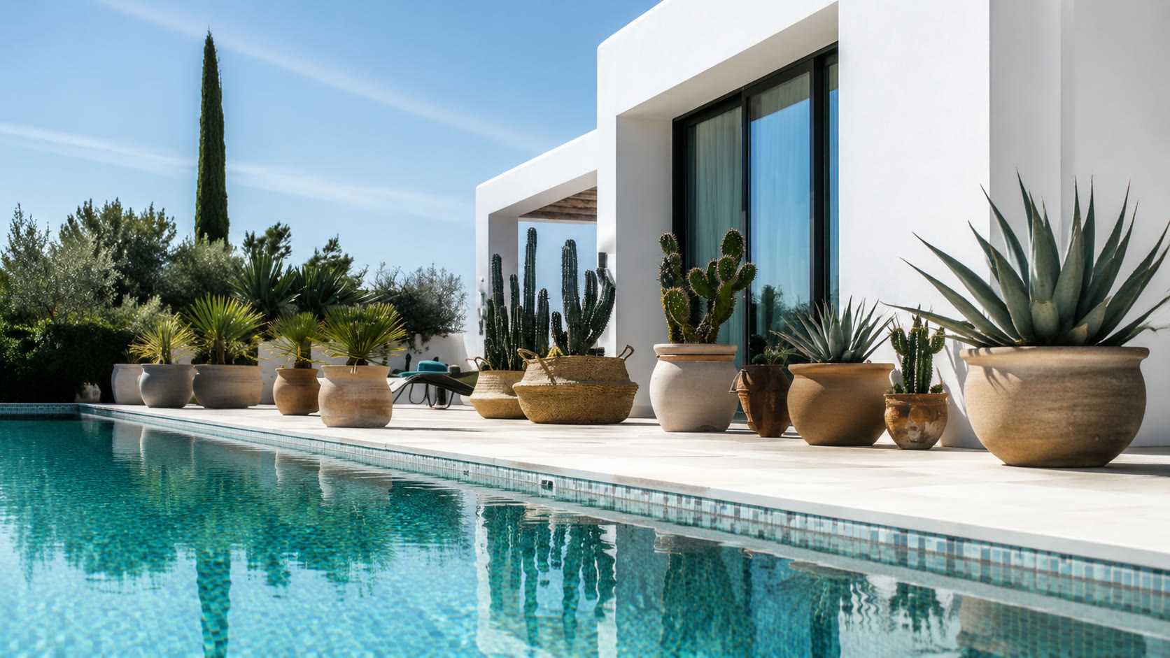Poolside collection of cacti in sculptural terracotta pots